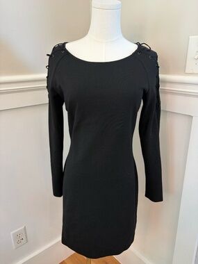 Jay Godfrey Black Bodycon Dress Lace Up Sleeve Gold Zip Back Size 4 Cocktail